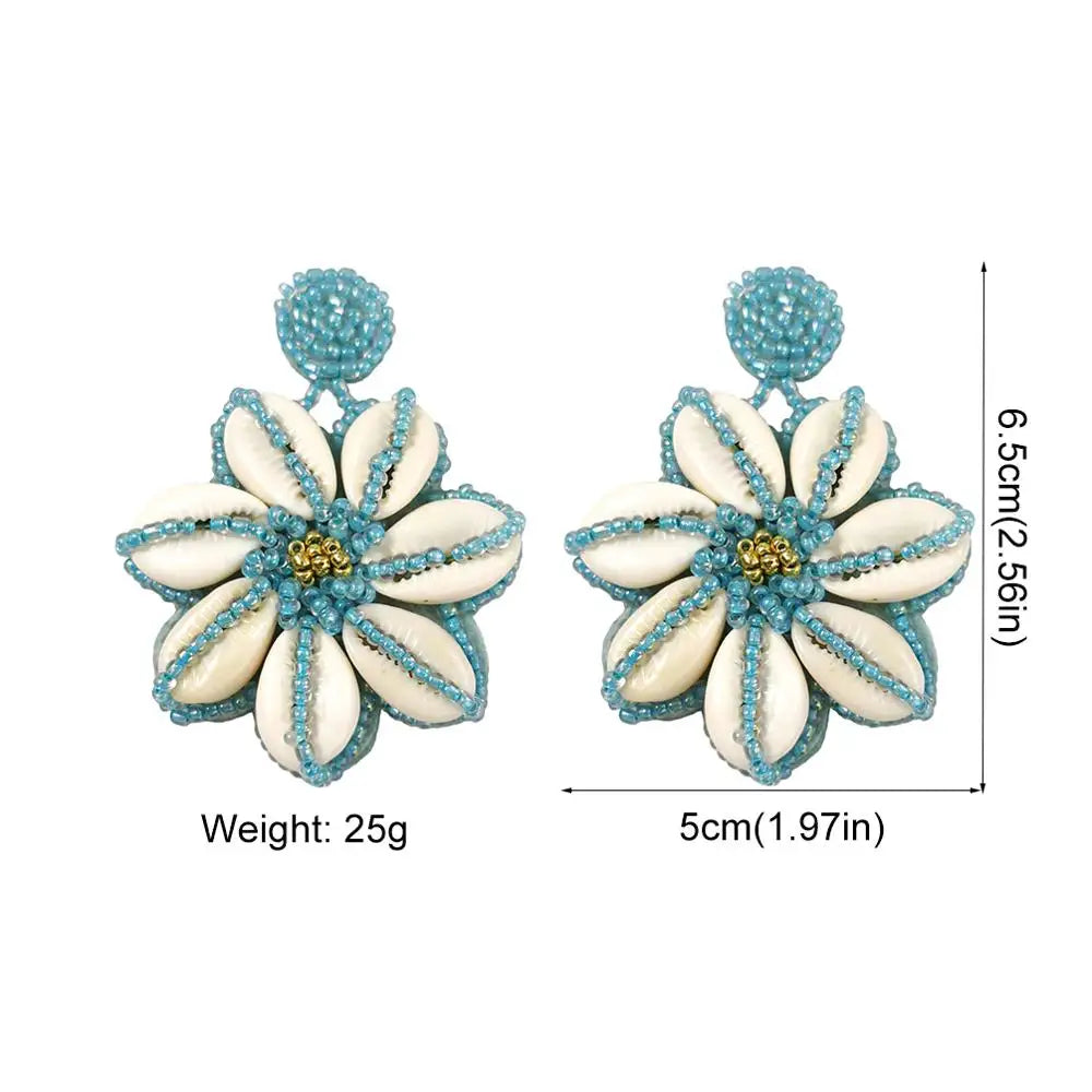 Handmade Shell Beaded Drop Large Flower Big Statement Earrings