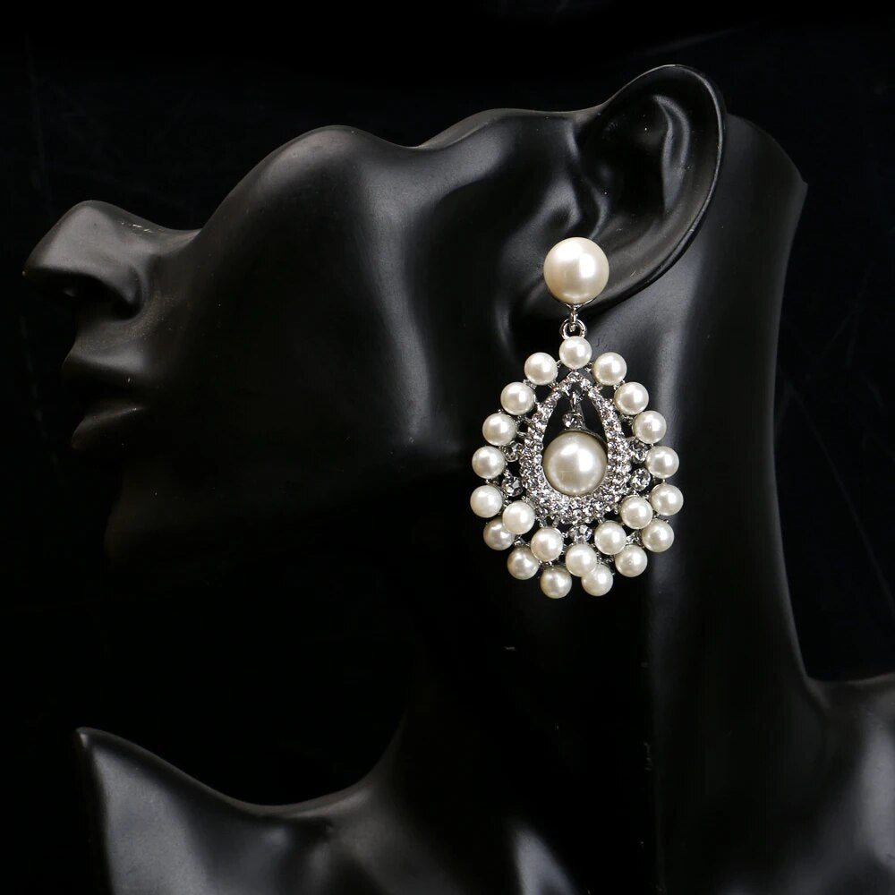 Luxurious Statement  Crystal Simulated Pearl Bridal Big Long Drop Earrings