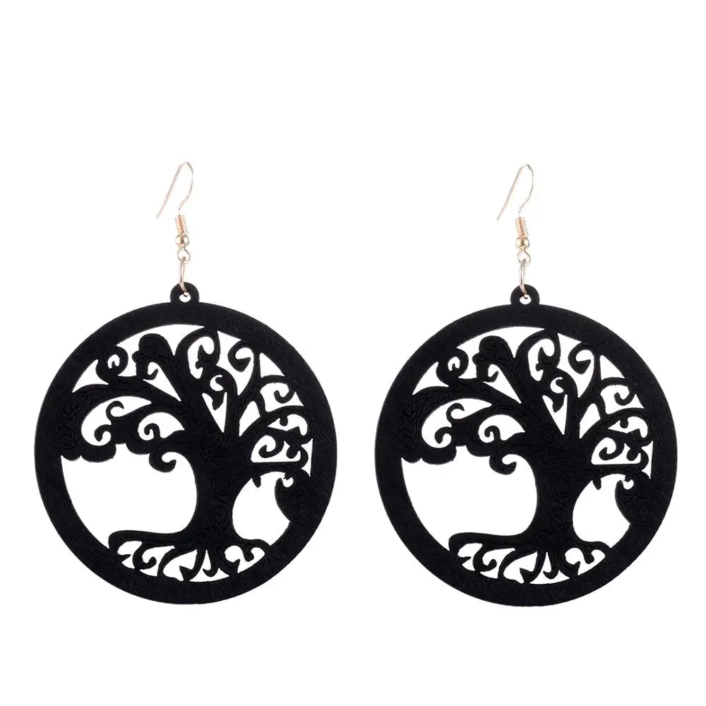 Ethnic African Round Wooden Hollow Big Life Tree Pendant Statement Earrings