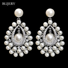 Luxurious Statement  Crystal Simulated Pearl Bridal Big Long Drop Earrings