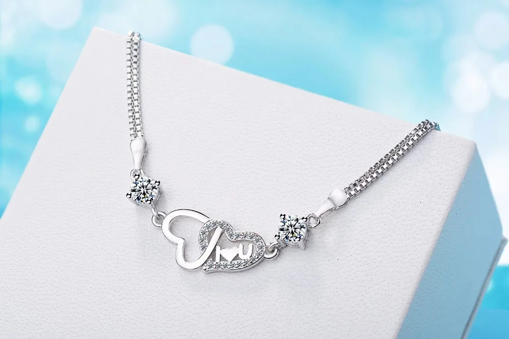 925 Sterling Silver Eternal Love Heart Zirconia Double Layer Chain Bracelet