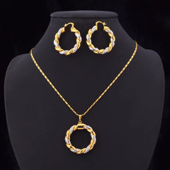 Dubai Sets Gold Pendant Necklace & Big Round Twist Chunky Hoop Earrings