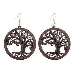 Ethnic African Round Wooden Hollow Big Life Tree Pendant Statement Earrings