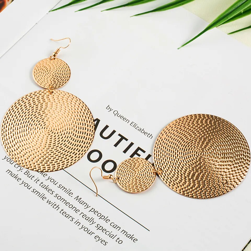 Exaggerated Statement Golden Drop Round Circle Shaped Dangle Earring