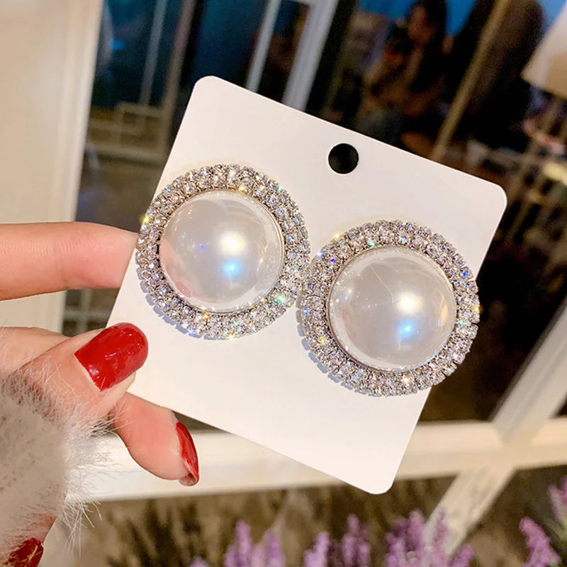 Big Exquisite Pearl Studs Zircon Crystal Statement Earrings