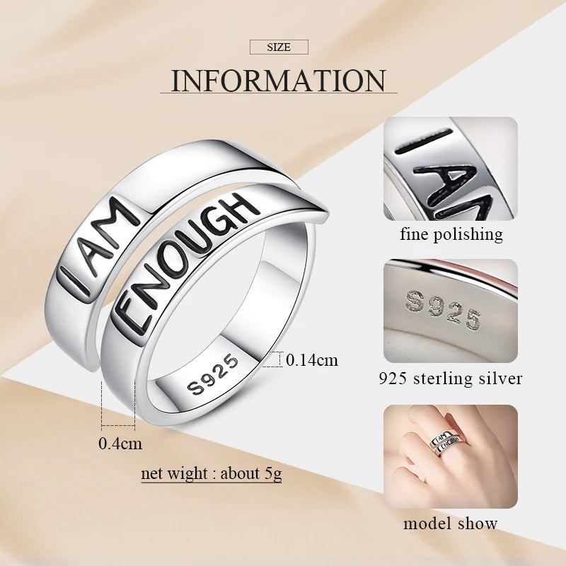 I AM ENOUGH Luxury Women Open Letter 925 Sterling Silver Rings