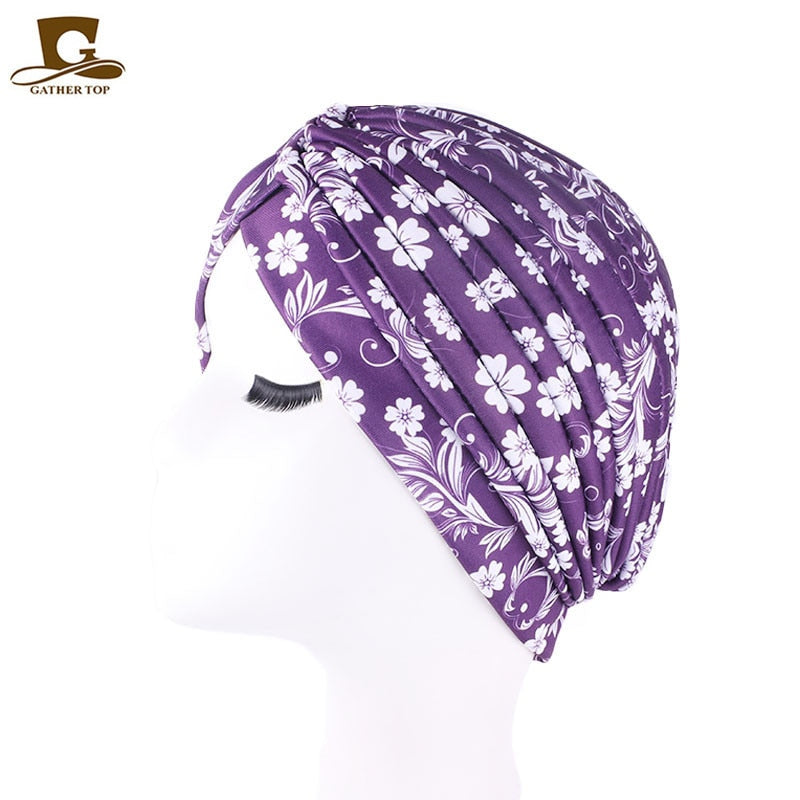 Print Flower Knot Ruffle Head Wrap and cap