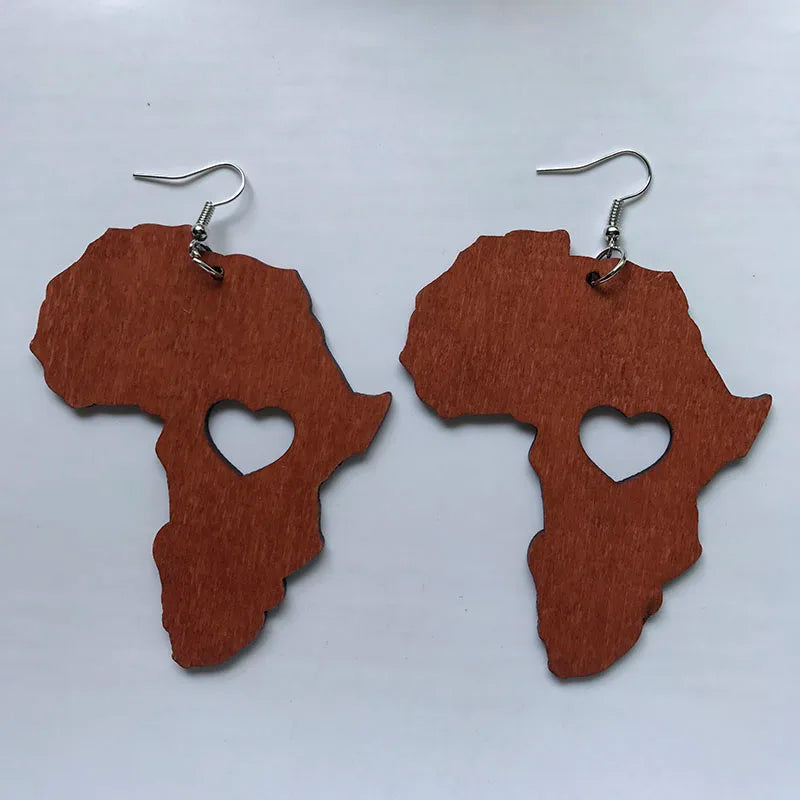 Black Queen Wood Africa Map hollow out Heart Vintage Earrings