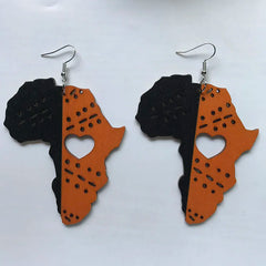 Black Queen Wood Africa Map hollow out Heart Vintage Earrings