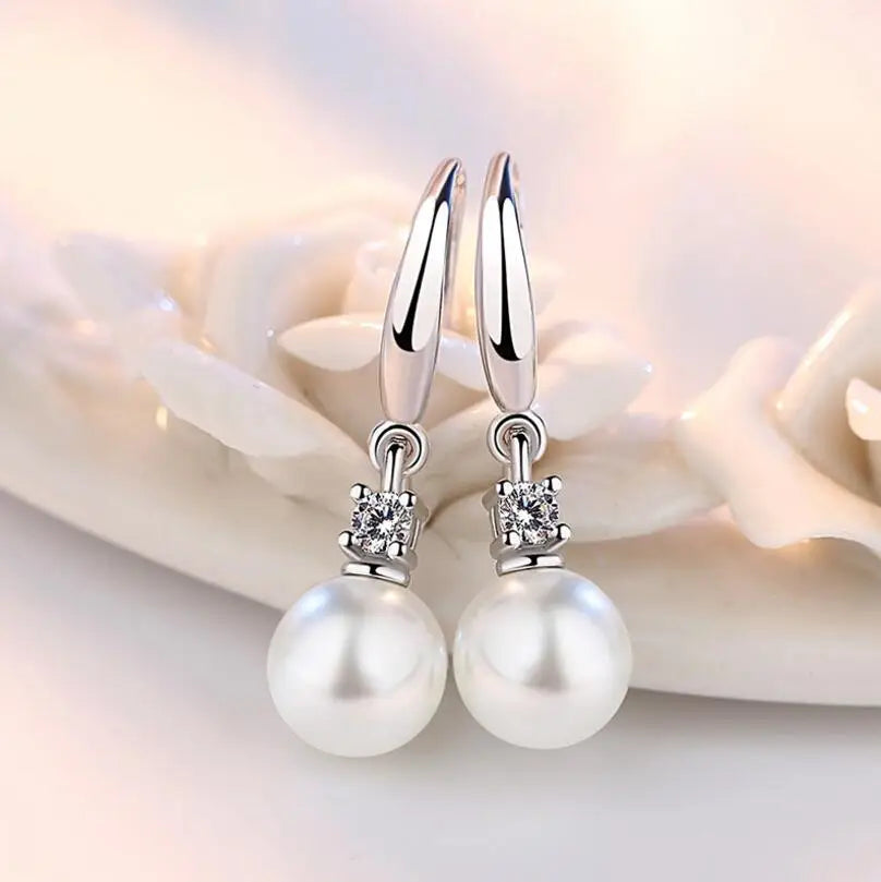 925 Sterling Silver Zirconia 8mm/10mm/12mm Pearl Water Drop Tassel Earrings