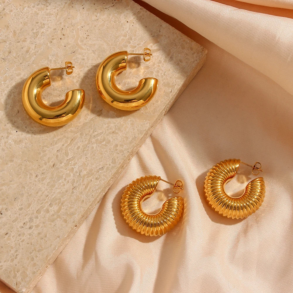 Stainless Steel High Grade Hollow Chunky Bold Gold Colour Hoop Earrings