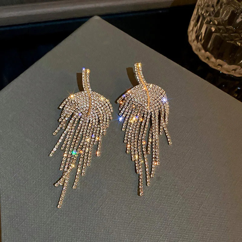 Luxury Leaf Shiny Rhinestone Tassel Earrings