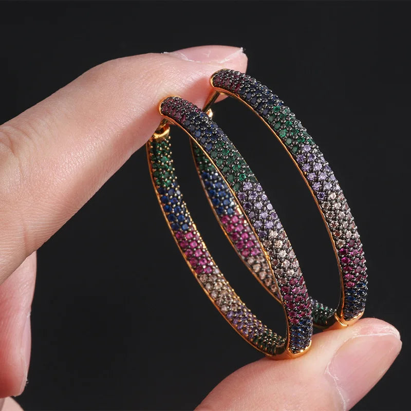 Luxury quality two tone rainbow cubic zirconia hoop earrings