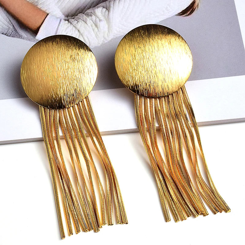 High-Quality Long Gold Color Metal Chain Tassel Earrings