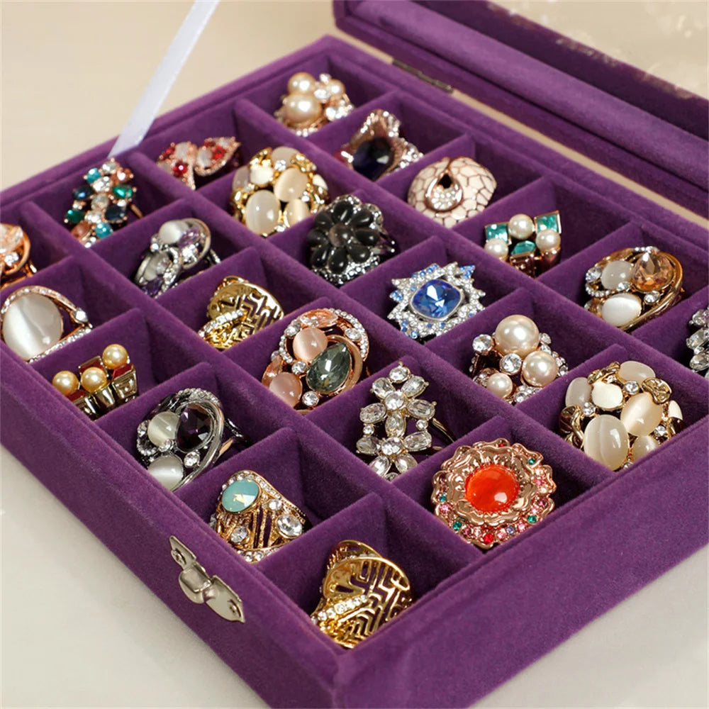 24 Grids Black Rose Red Velvet Jewelry Box Rings Earrings Necklaces Makeup Organizer