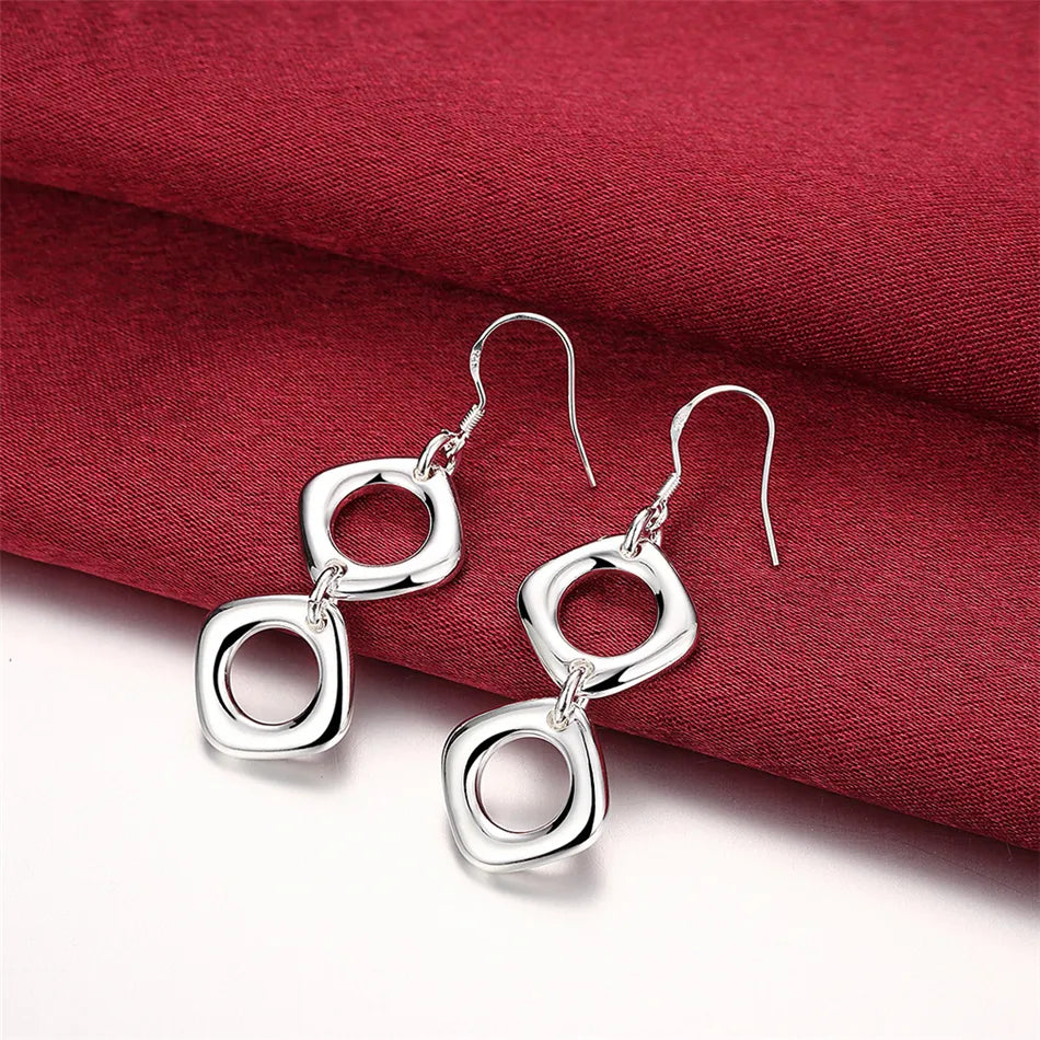 925 Sterling Silver Round Square Necklace Earring Set