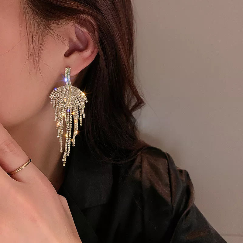 Luxury Leaf Shiny Rhinestone Tassel Earrings