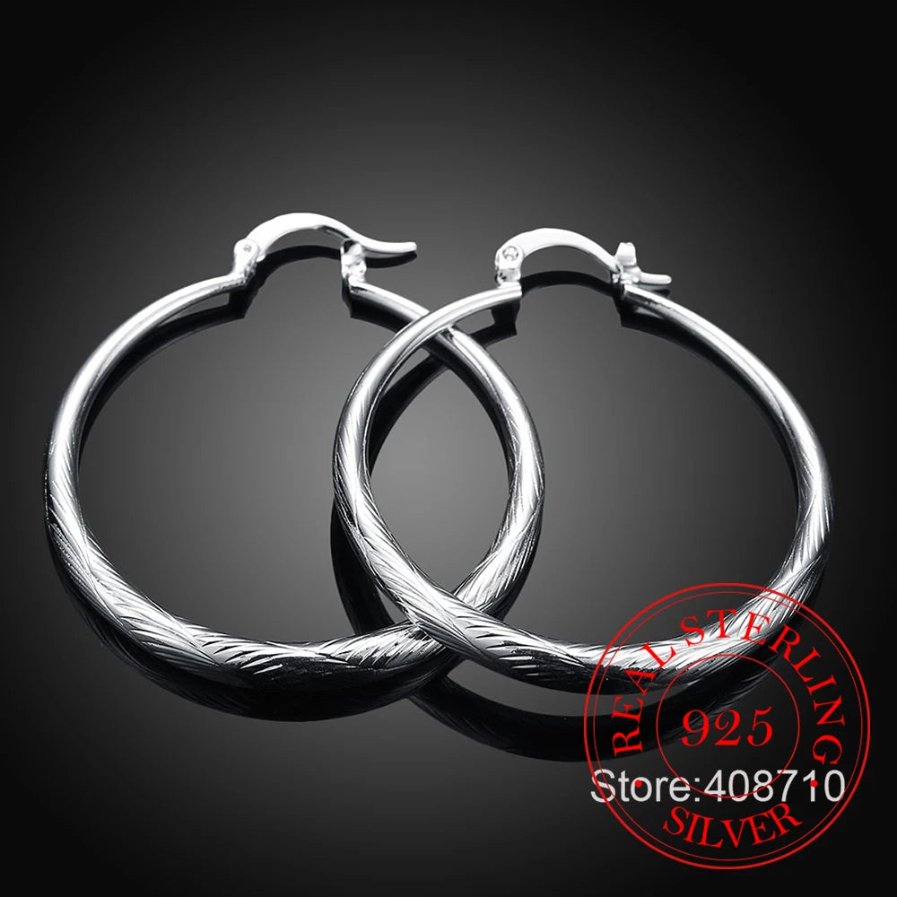 925 Sterling Silver Round Large Circle 4.0cm Piercing Hoop Earrings