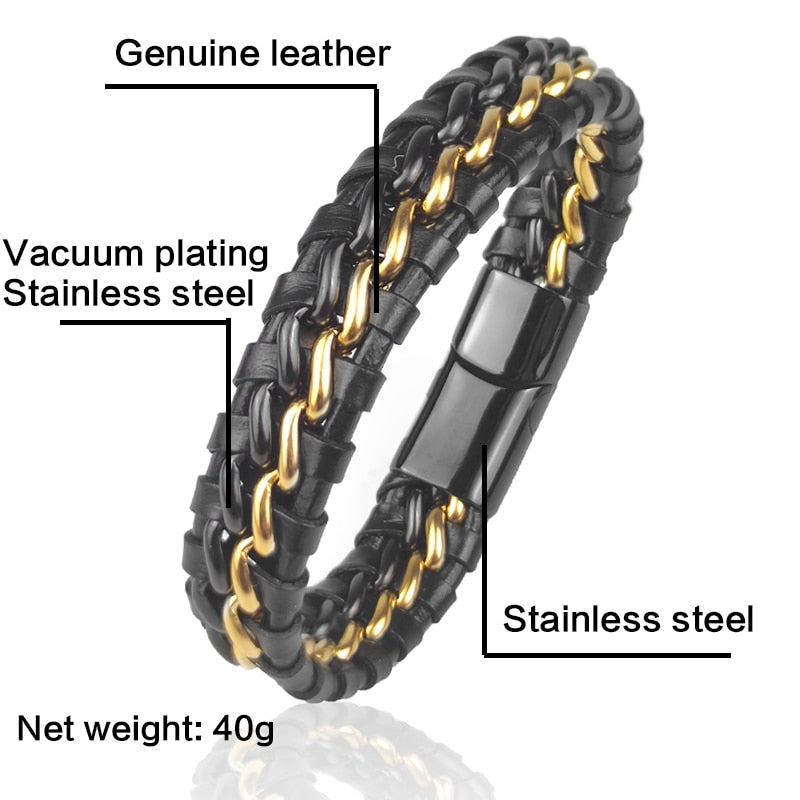 Genuine Leather Chain Bracelet Magnetic Stainless Steel Clasp