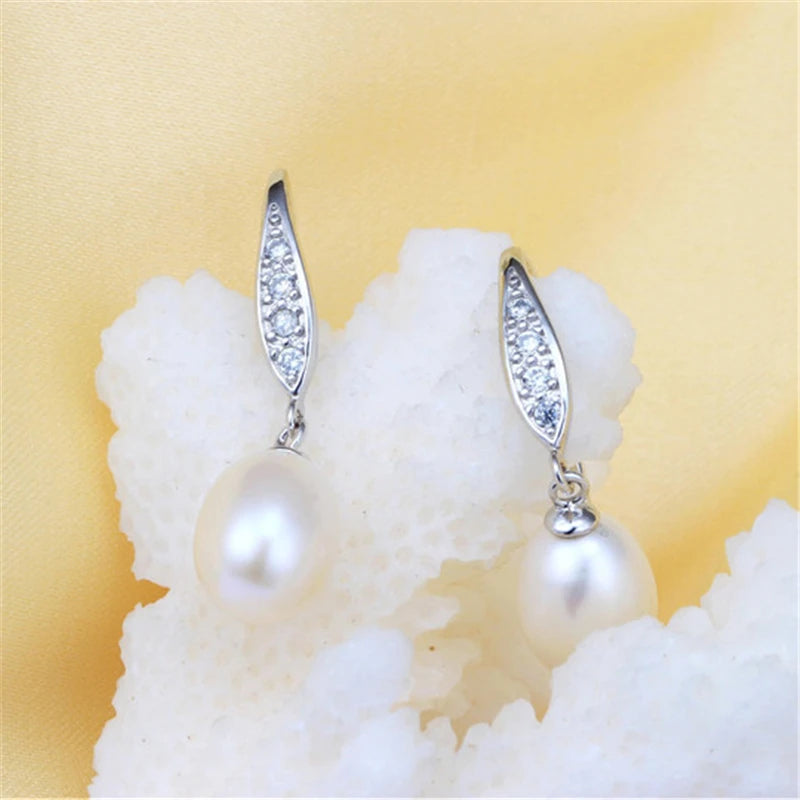 Freshwater Cultured Drop Pearl 925 Sterling Silver Dangle Zircon Earrings