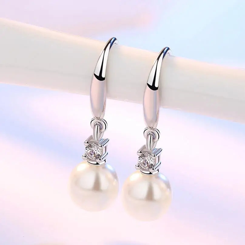 925 Sterling Silver Zirconia 8mm/10mm/12mm Pearl Water Drop Tassel Earrings