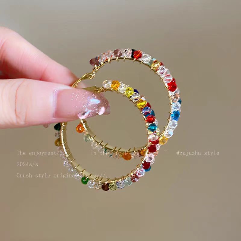 New Colorful Crystal Hoop Earrings, Trendy Exaggerated Vacation Summer Style High-End Earrings,