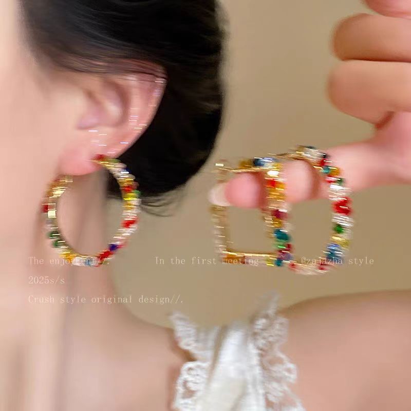 New Colorful Crystal Hoop Earrings, Trendy Exaggerated Vacation Summer Style High-End Earrings,