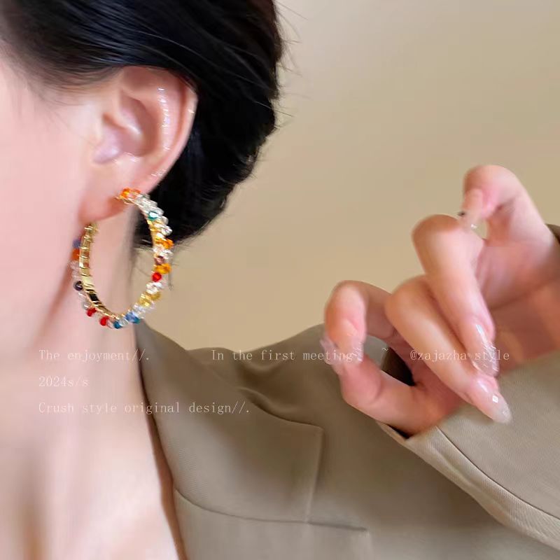 New Colorful Crystal Hoop Earrings, Trendy Exaggerated Vacation Summer Style High-End Earrings,