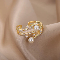 Adjustable Luxury Three Layers Zircon Pearls Stainless Steel Ring 2022