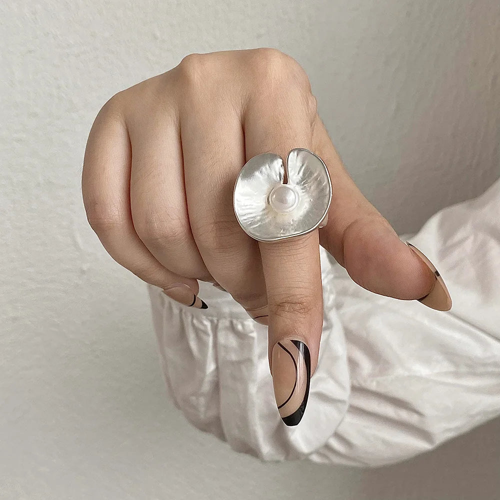 Geometric Chunky Silver Color Matte Adjustable, Elastic Rope, Finger Rings