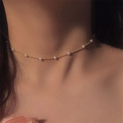 Pearl Beads & Pendant Gold Color Choker Necklace