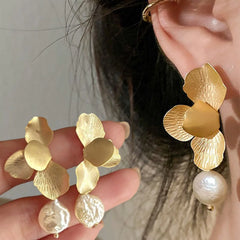 Luxury Gold Color Long Drop Flower Pearl Statement Earrings