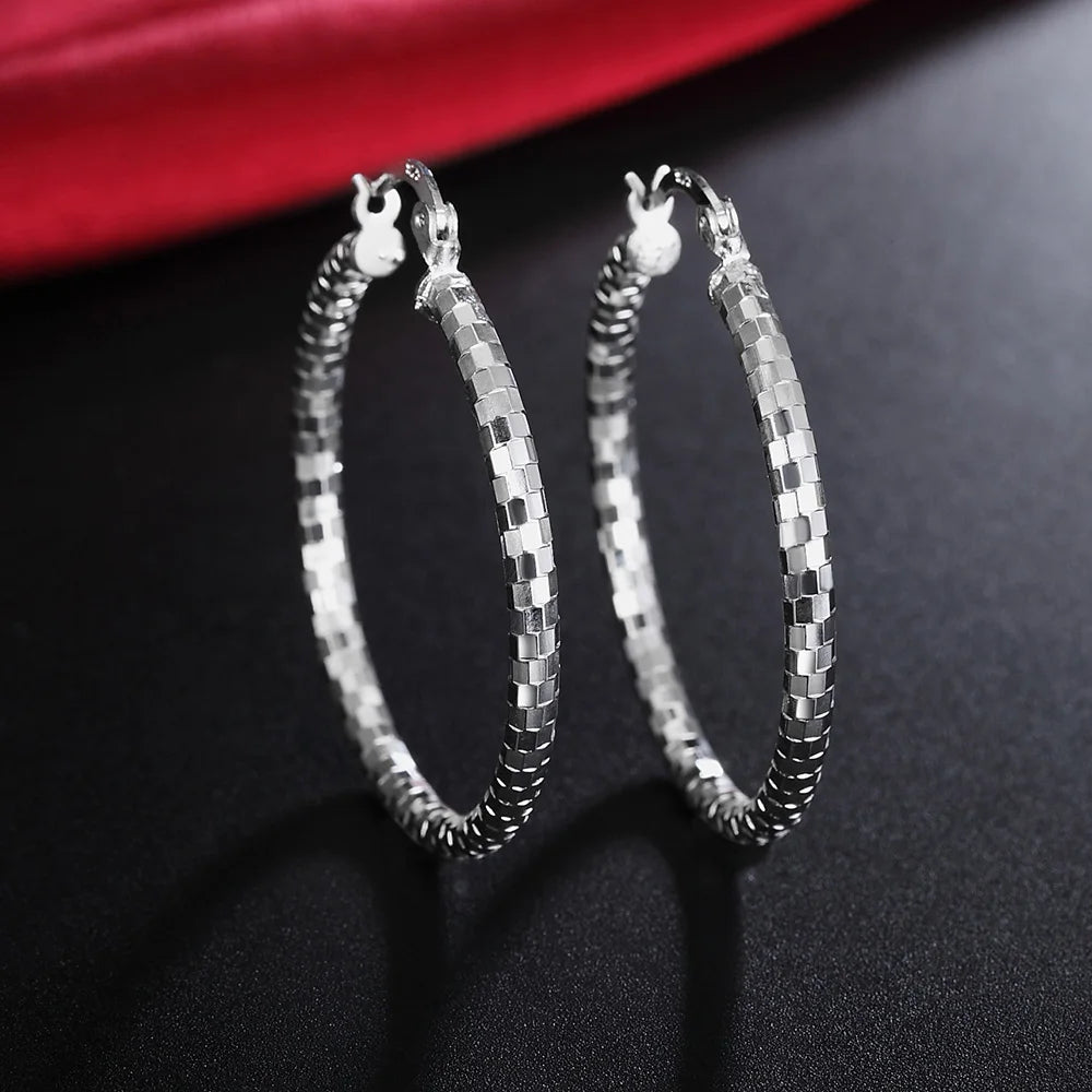 High quality 925 Sterling Silver hoop Elegant Lattice pattern 4CM Big circle Earrings