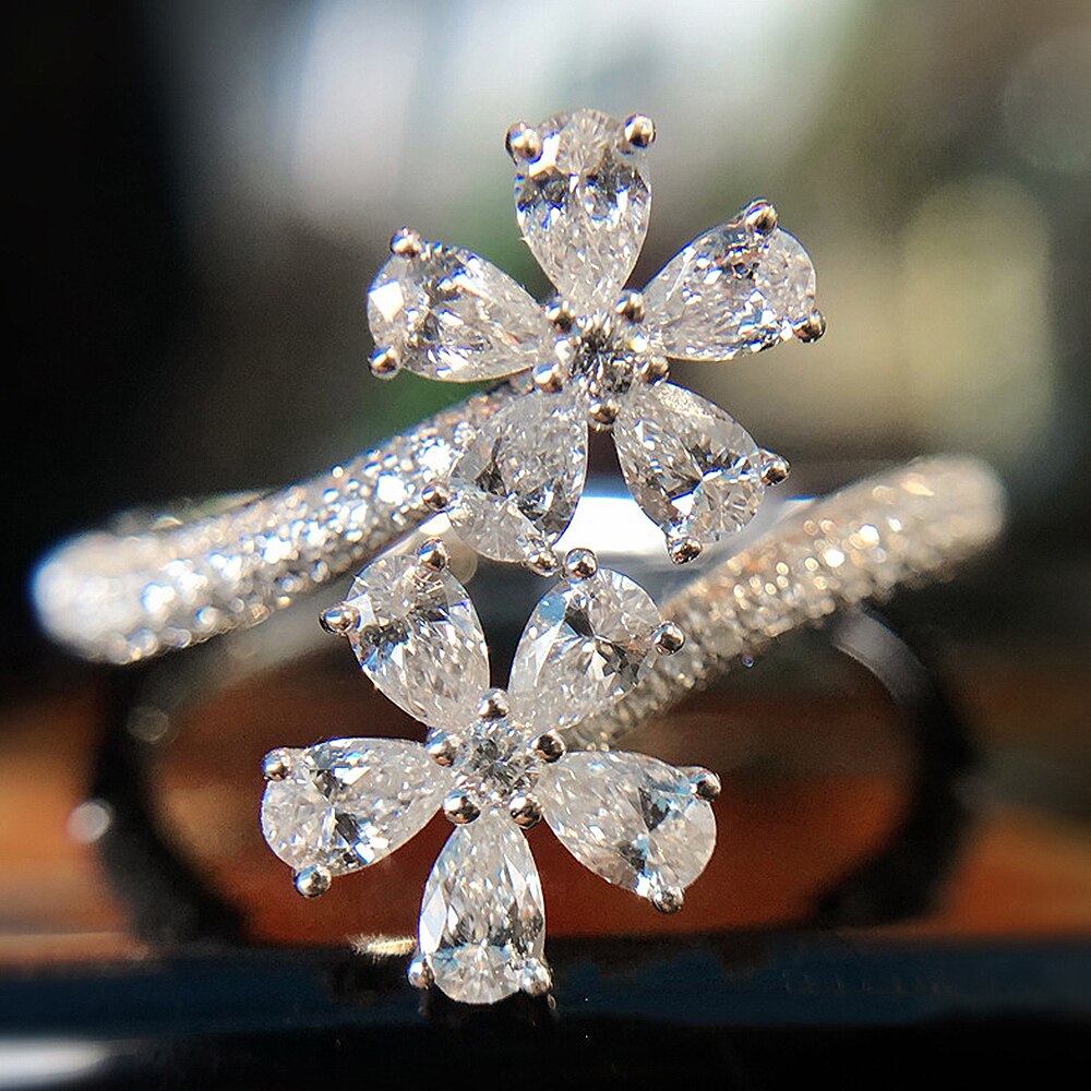 Luxury Crystal Flowers CZ Adjustable Opening Rings