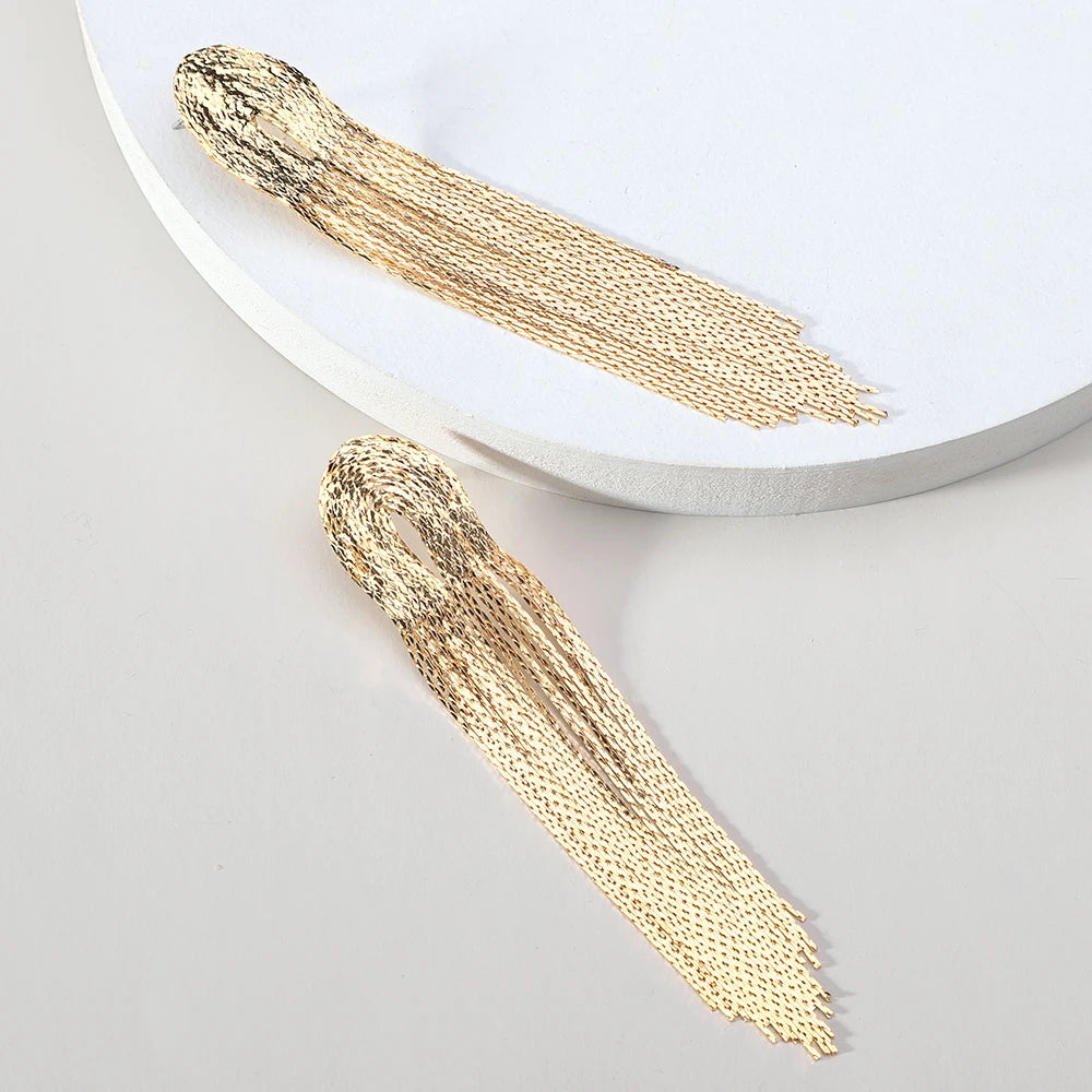 Luxury Gold Color Metal Long Hanging Tassel Statement Earrings