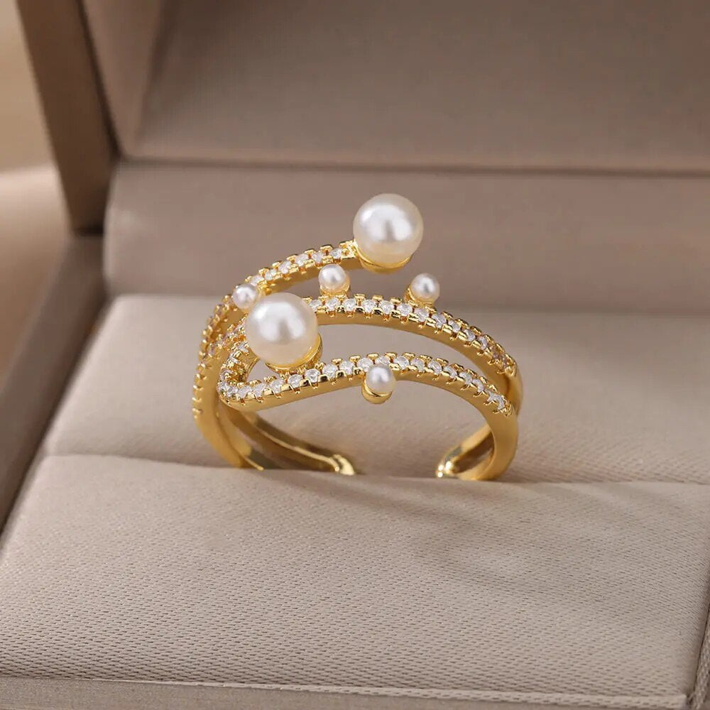 Adjustable Luxury Three Layers Zircon Pearls Stainless Steel Ring 2022