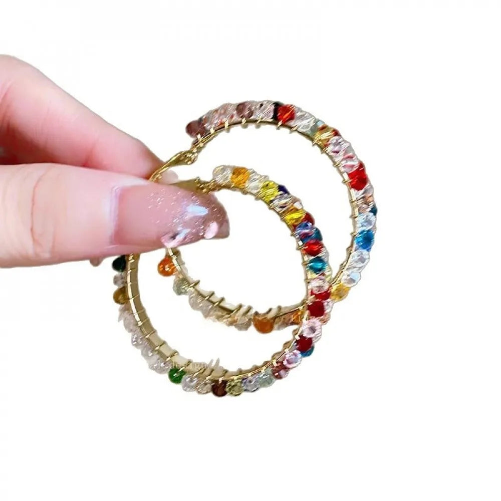 New Colorful Crystal Hoop Earrings, Trendy Exaggerated Vacation Summer Style High-End Earrings,
