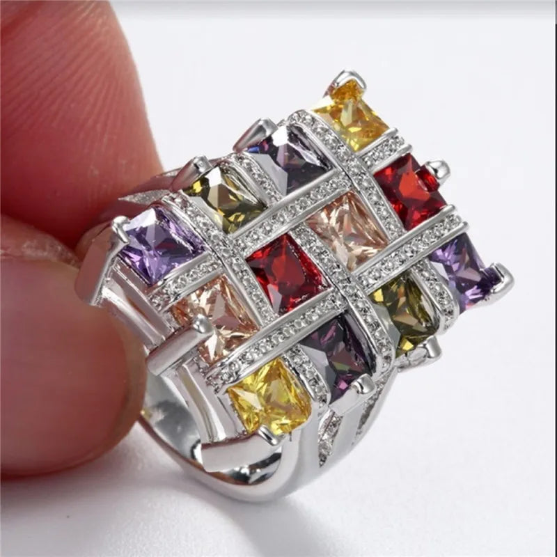 Geometric Big Square Colour Crystal Rings