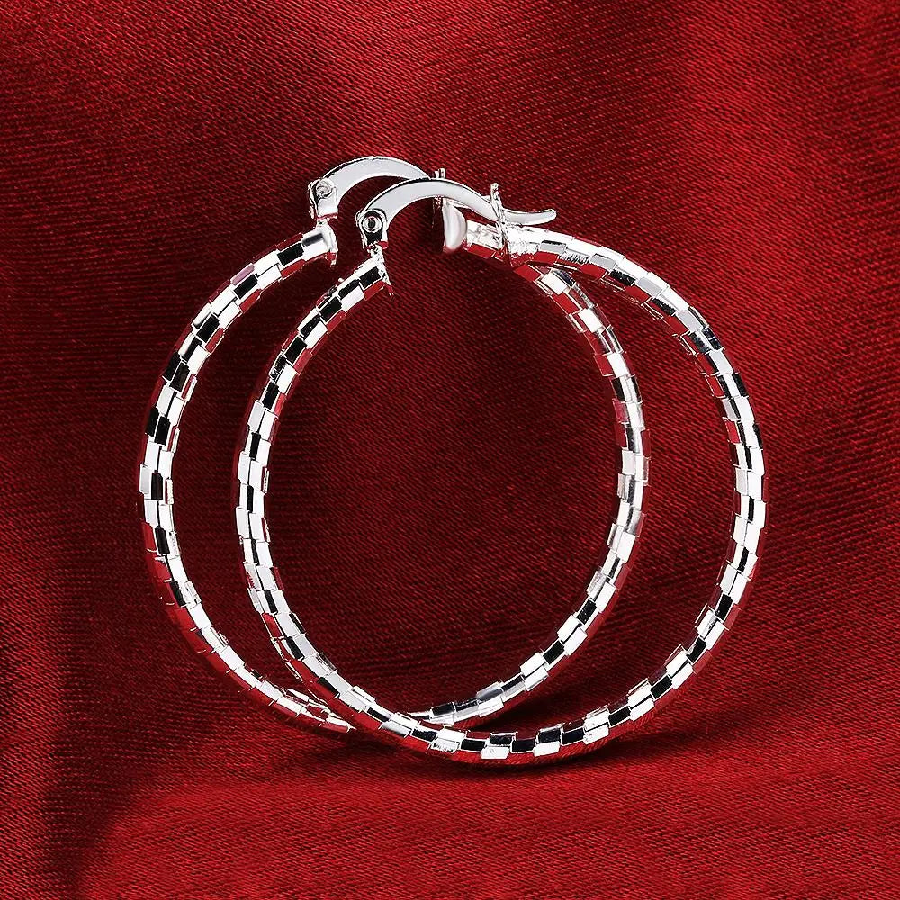 High quality 925 Sterling Silver hoop Elegant Lattice pattern 4CM Big circle Earrings