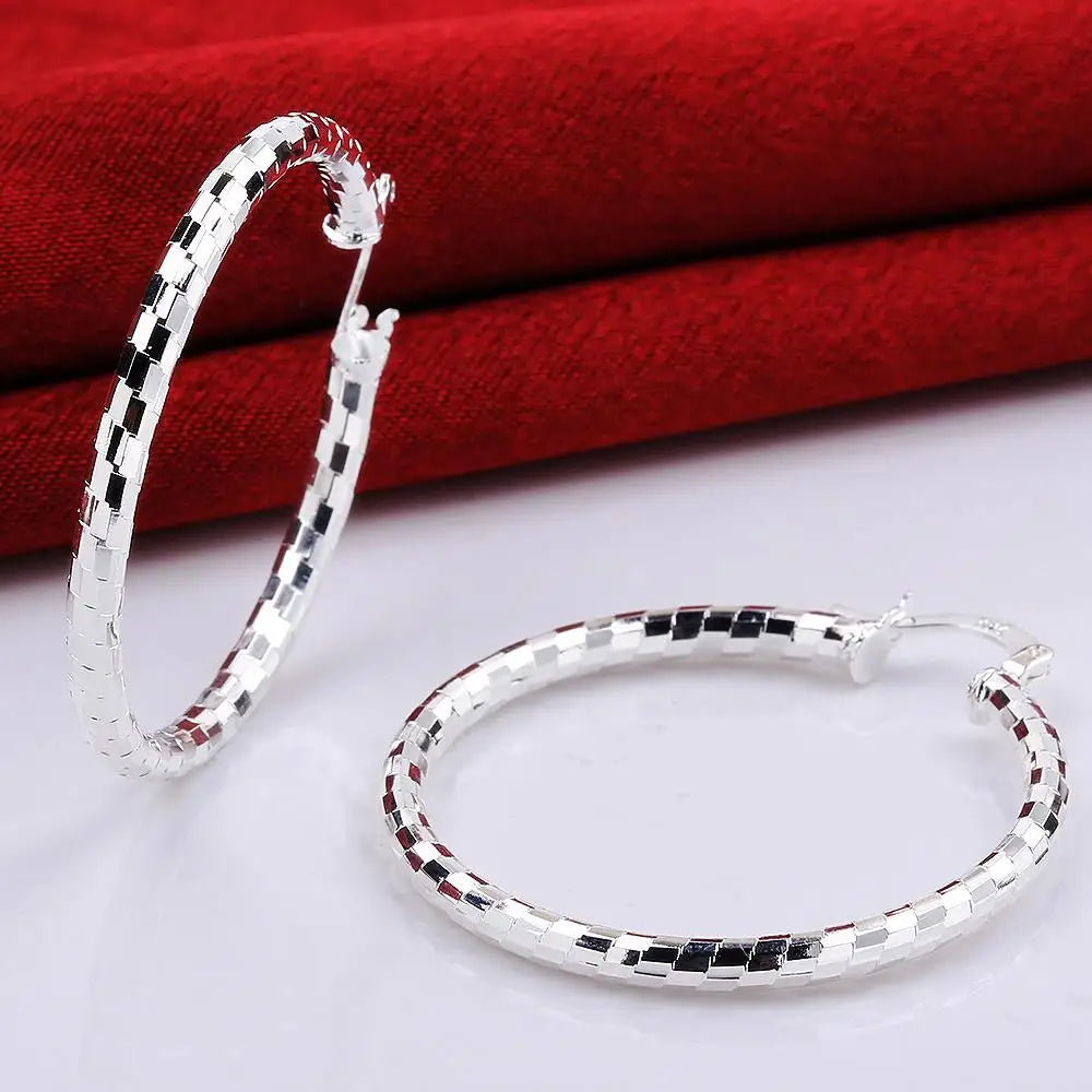 High quality 925 Sterling Silver hoop Elegant Lattice pattern 4CM Big circle Earrings