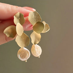 Luxury Gold Color Long Drop Flower Pearl Statement Earrings