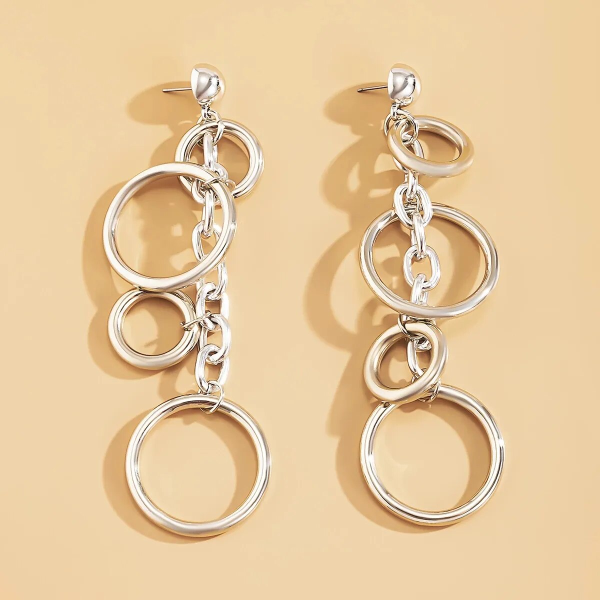 Long Statement Circle, Link, hoop Chain Drop Earrings