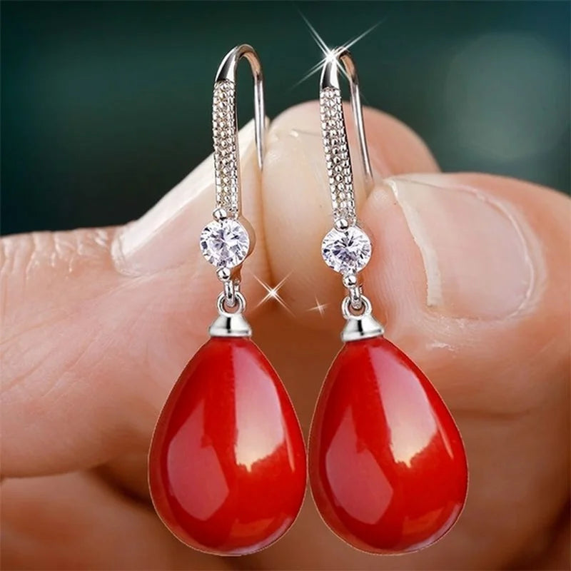 Red, White Round & Oval Water Drop Pearl  Earrings