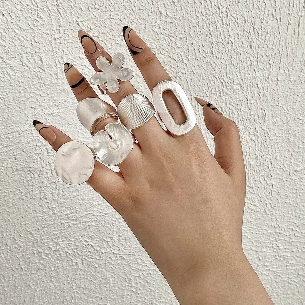 Geometric Chunky Silver Color Matte Adjustable, Elastic Rope, Finger Rings