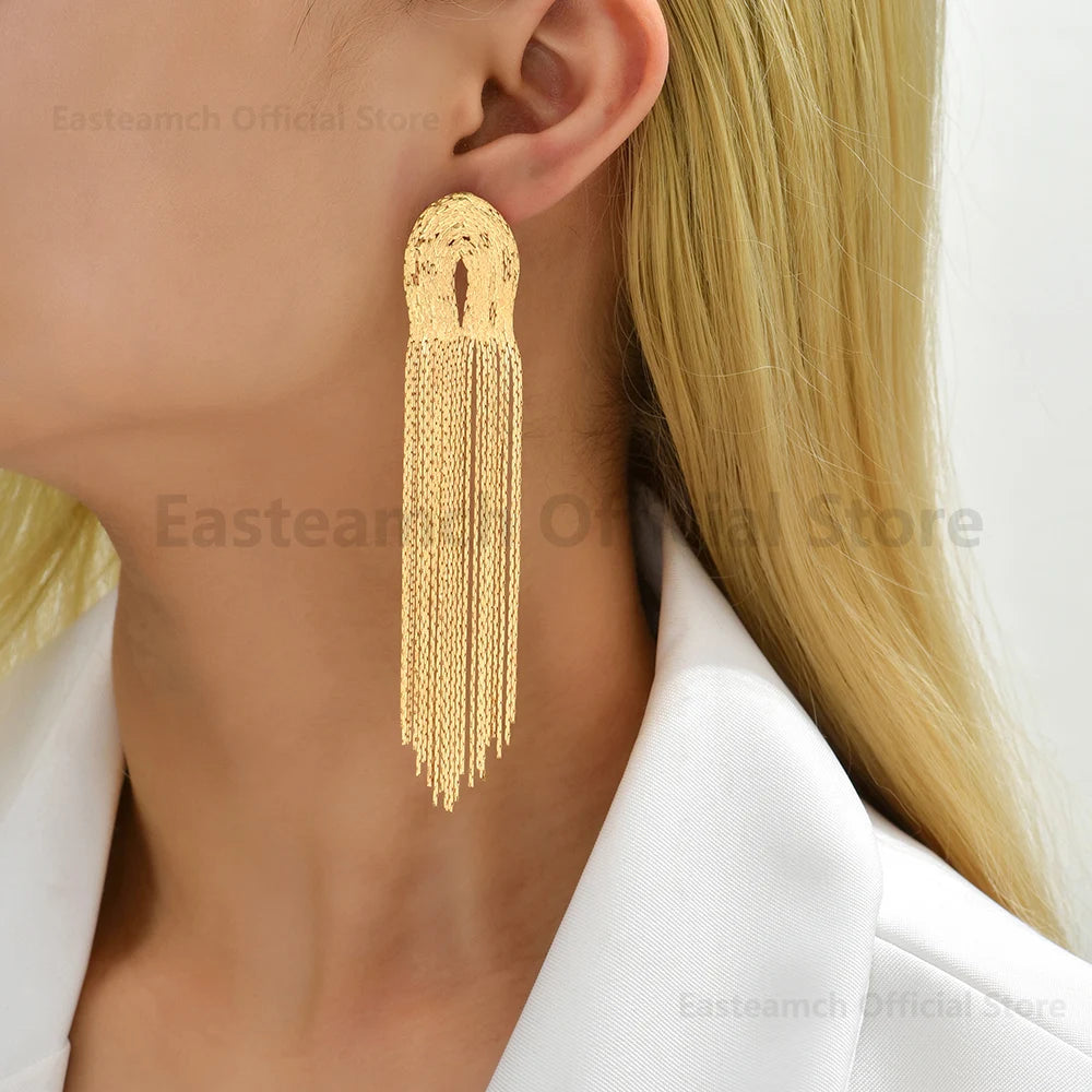 Luxury Gold Color Metal Long Hanging Tassel Statement Earrings