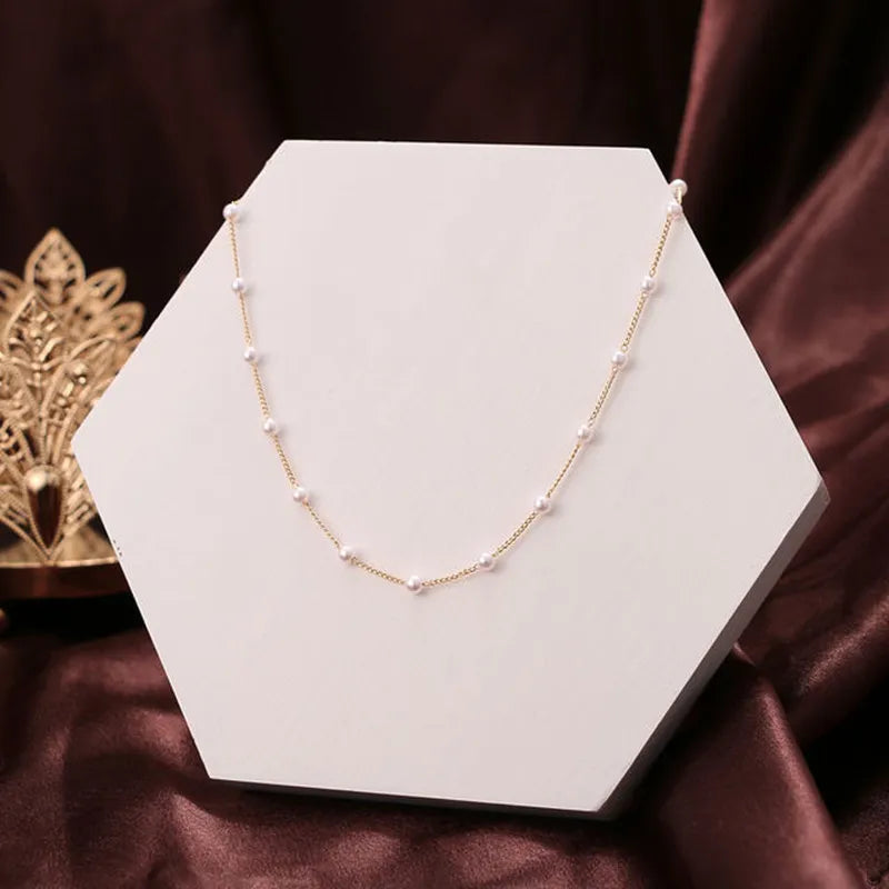 Pearl Beads & Pendant Gold Color Choker Necklace