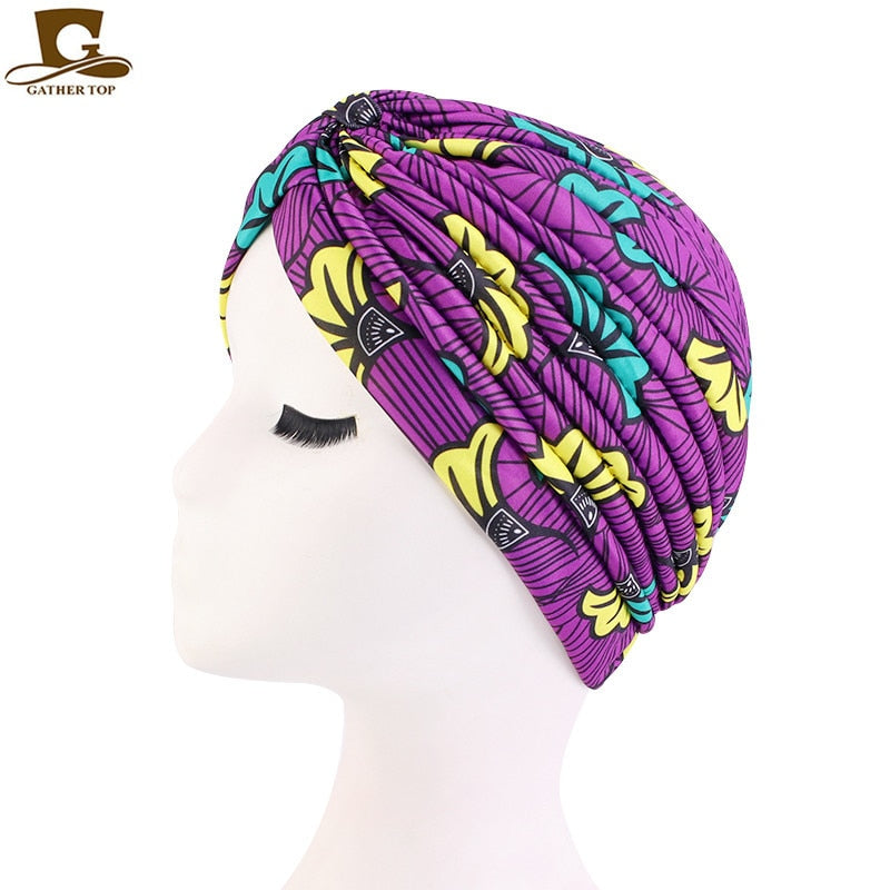 Print Flower Knot Ruffle Head Wrap and cap