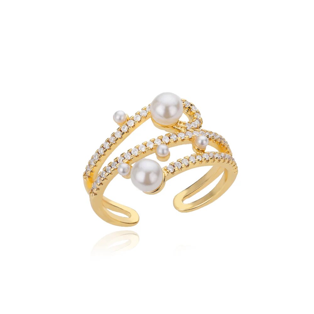 Adjustable Luxury Three Layers Zircon Pearls Stainless Steel Ring 2022