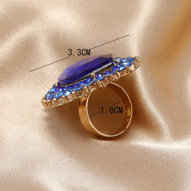 Chunky Statement Crystal Stone Gold Color Exaggerated Adjustable Rings