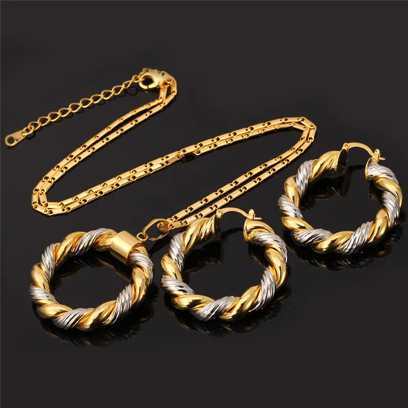 Dubai Sets Gold Pendant Necklace & Big Round Twist Chunky Hoop Earrings